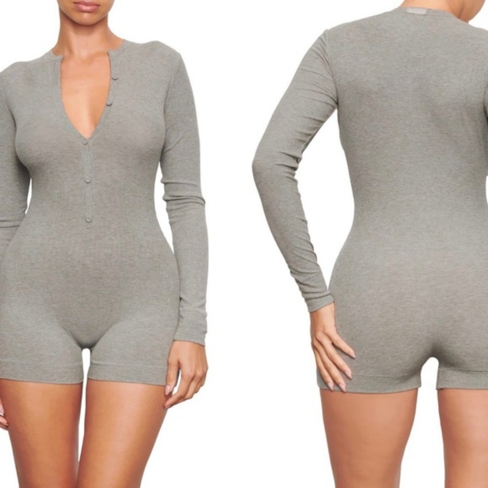 Soft Lounge Button Up Henley Onesie Heather Grey